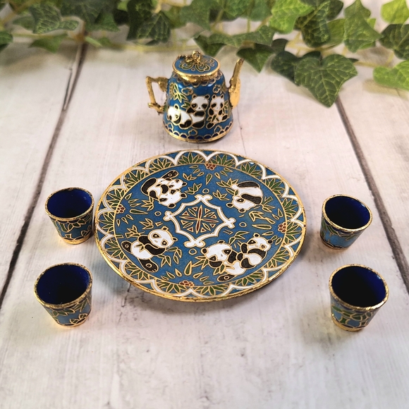 Vintage Cloisonne Mini Panda Tea Set - Blue and Gold - Picture 2 of 6